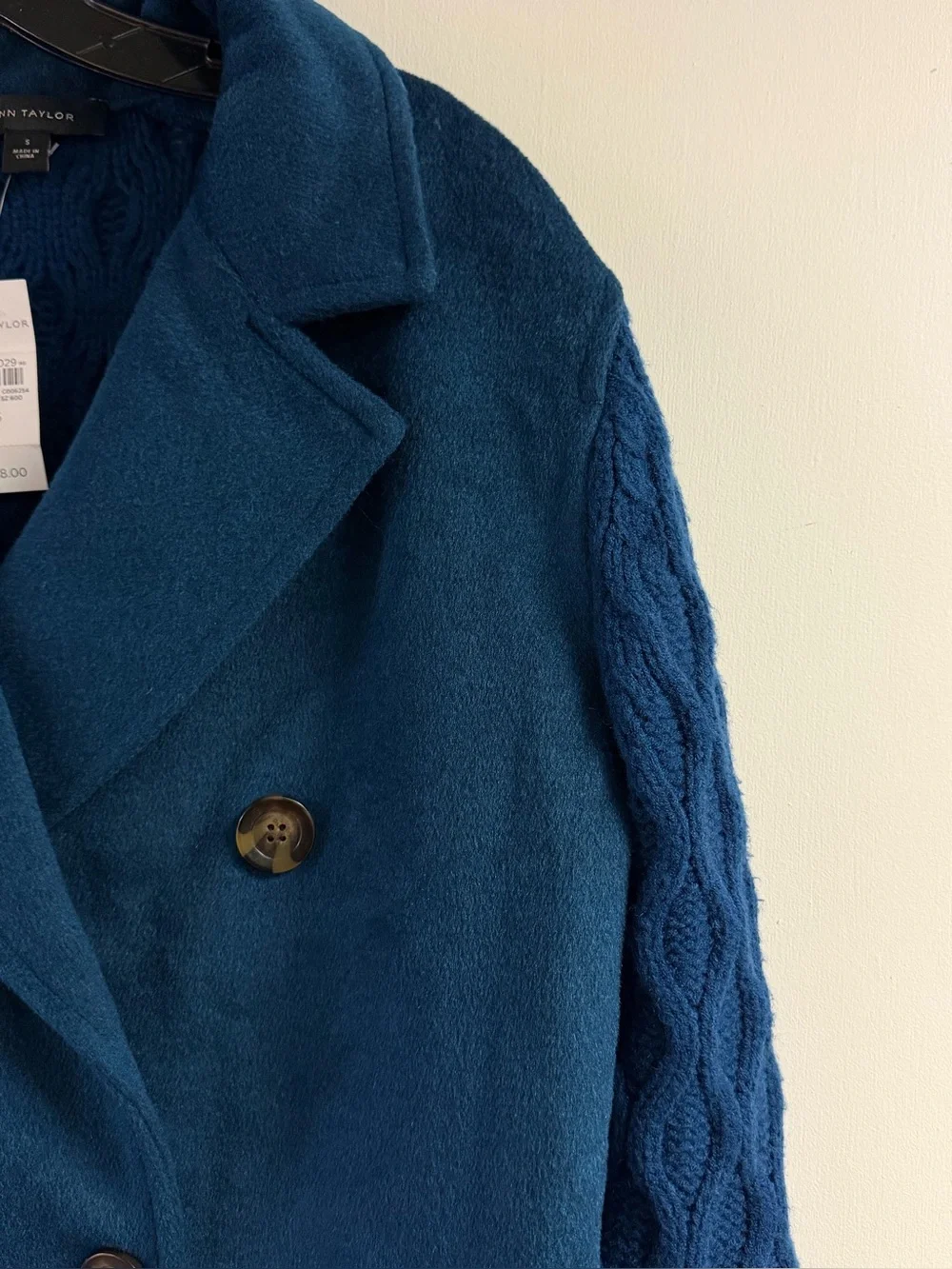 NWT Ann Taylor Blue Mixed Media Cable Coat Jacket Size S